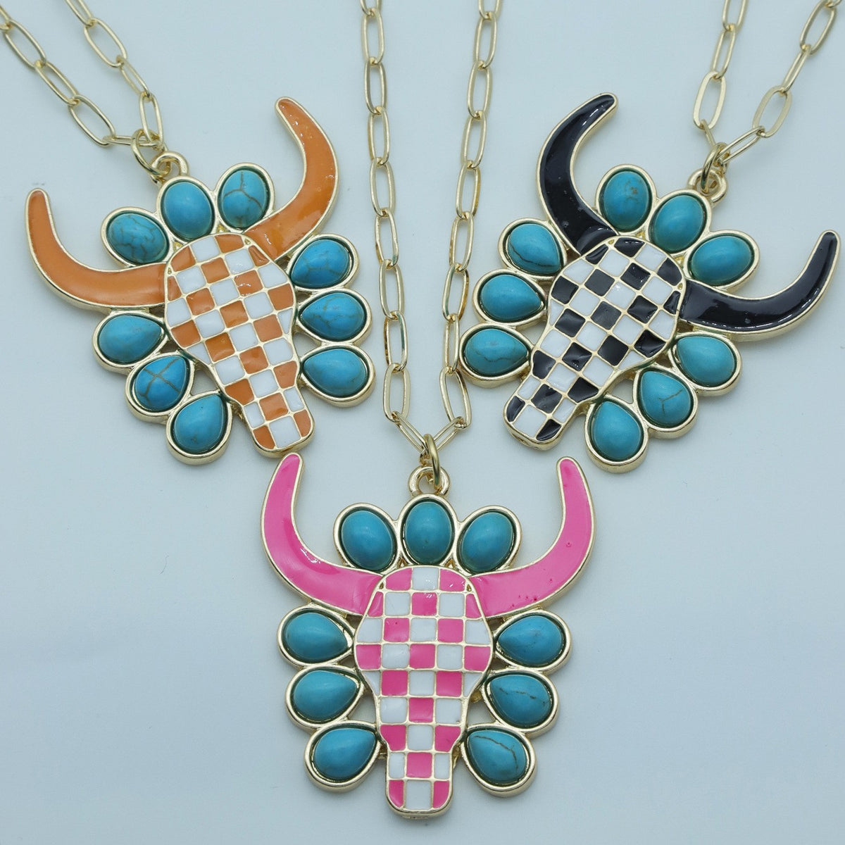 Boho Checkerboard Bull Head Necklace