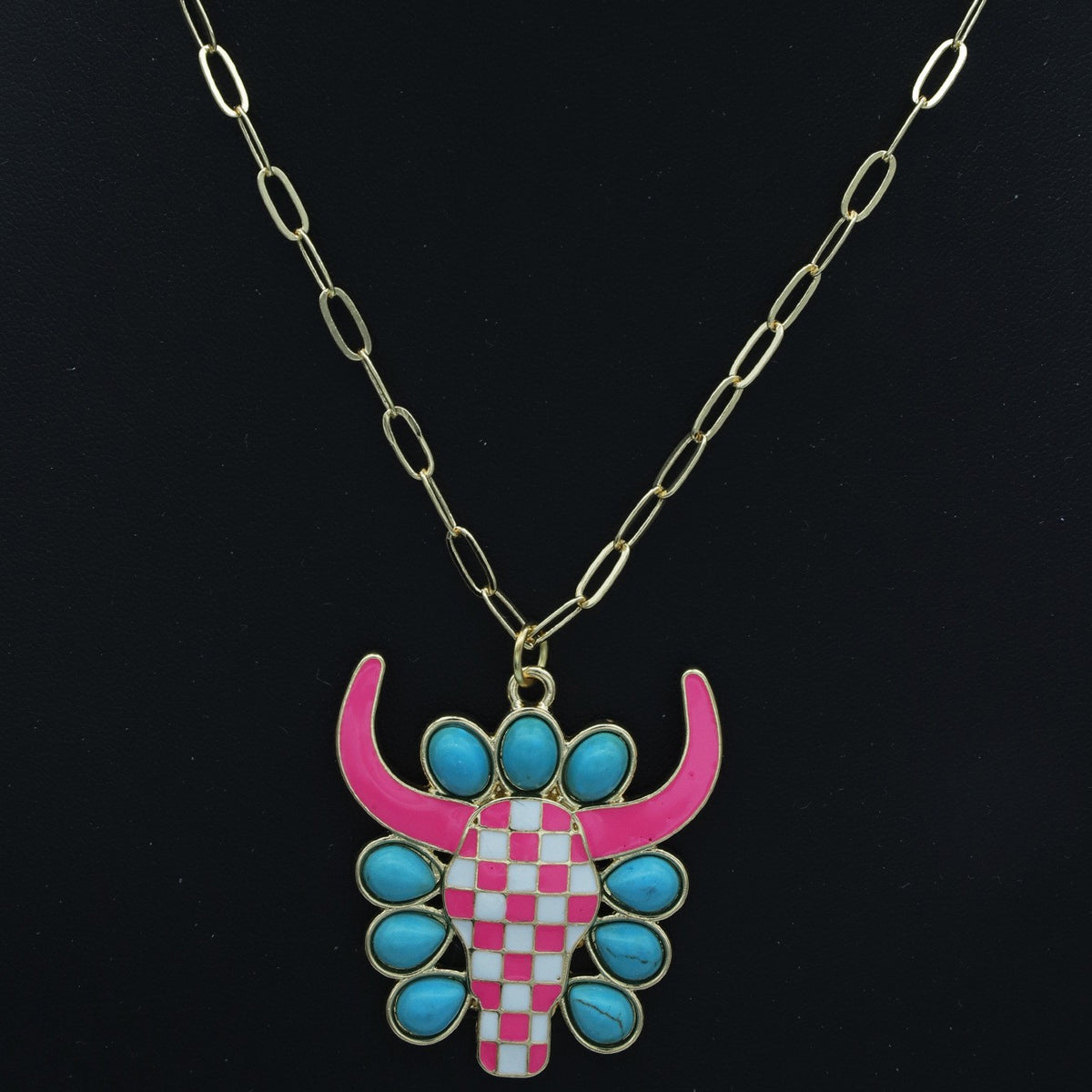 Boho Checkerboard Bull Head Necklace