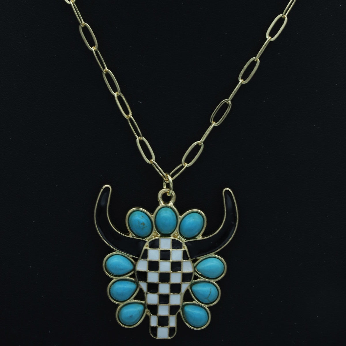 Boho Checkerboard Bull Head Necklace