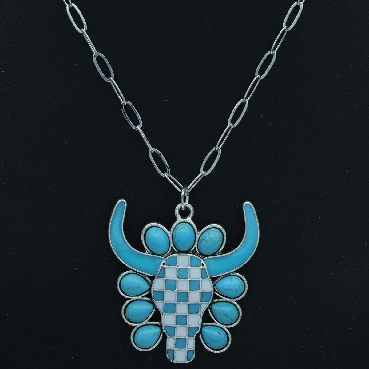 Boho Checkerboard Bull Head Necklace
