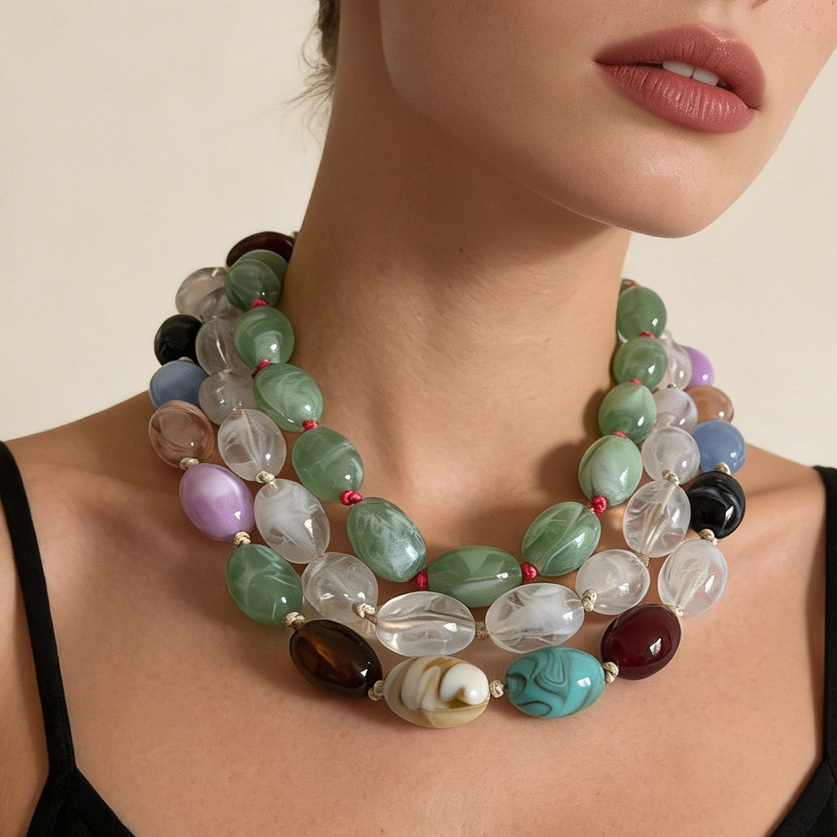 Boho Multicolor Oval Bead Necklace