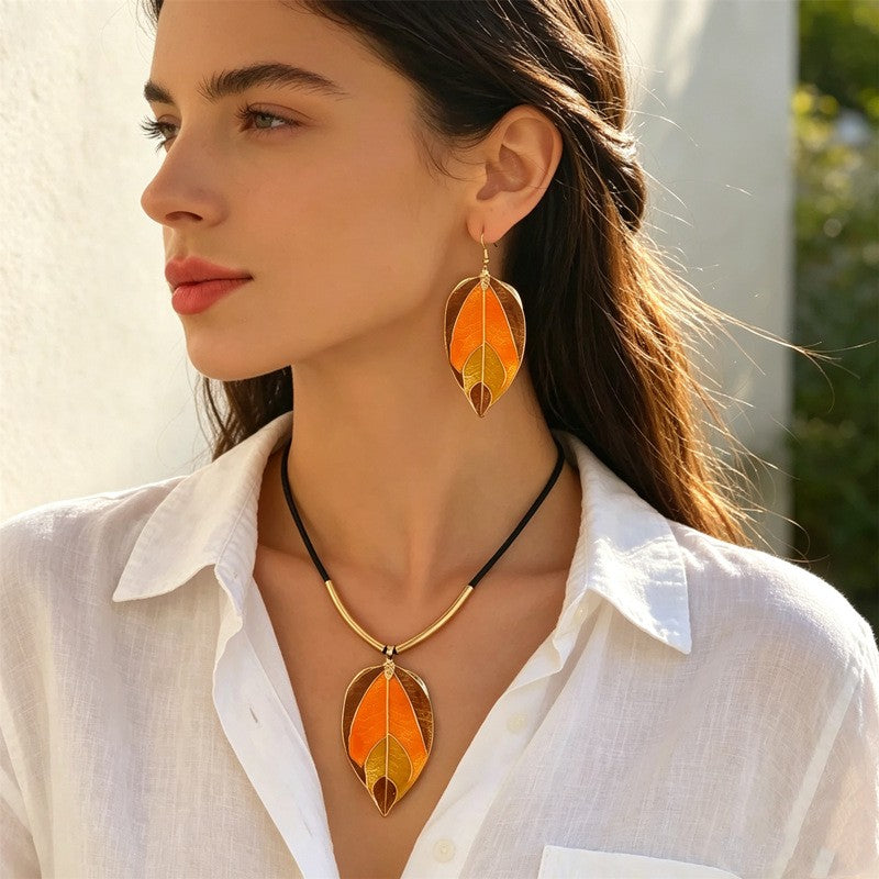 Classy Amber Leaf Necklace & Earring Set