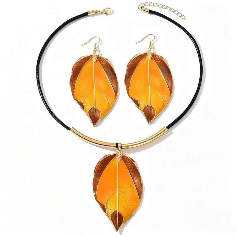 Classy Amber Leaf Necklace & Earring Set