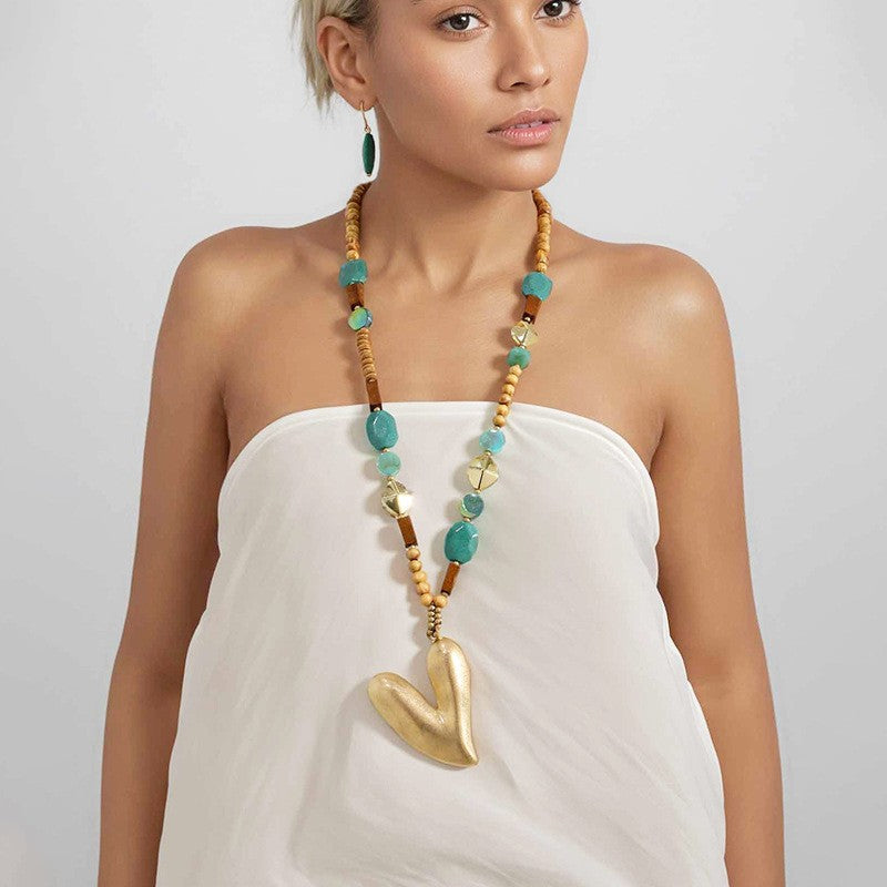 Boho Faux Turquoise Heart Pendant Necklace