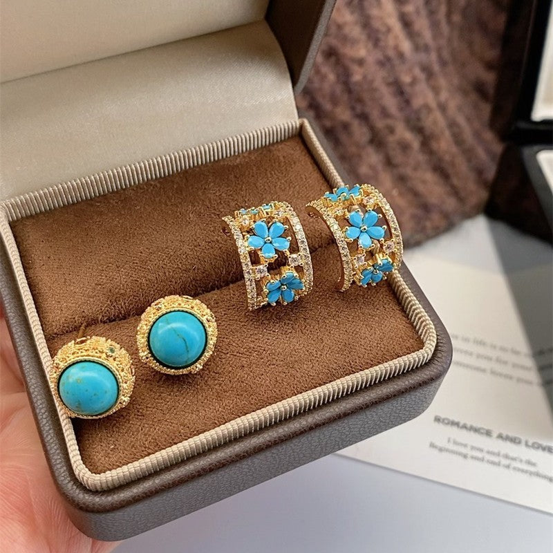 Boho Turquoise Floral Huggie Earring Set