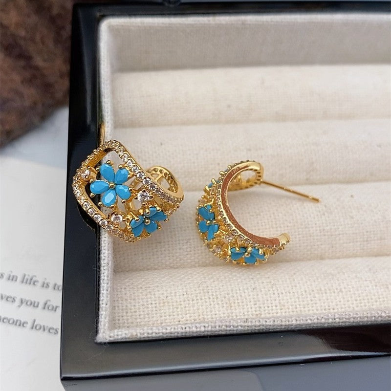 Boho Turquoise Floral Huggie Earring Set