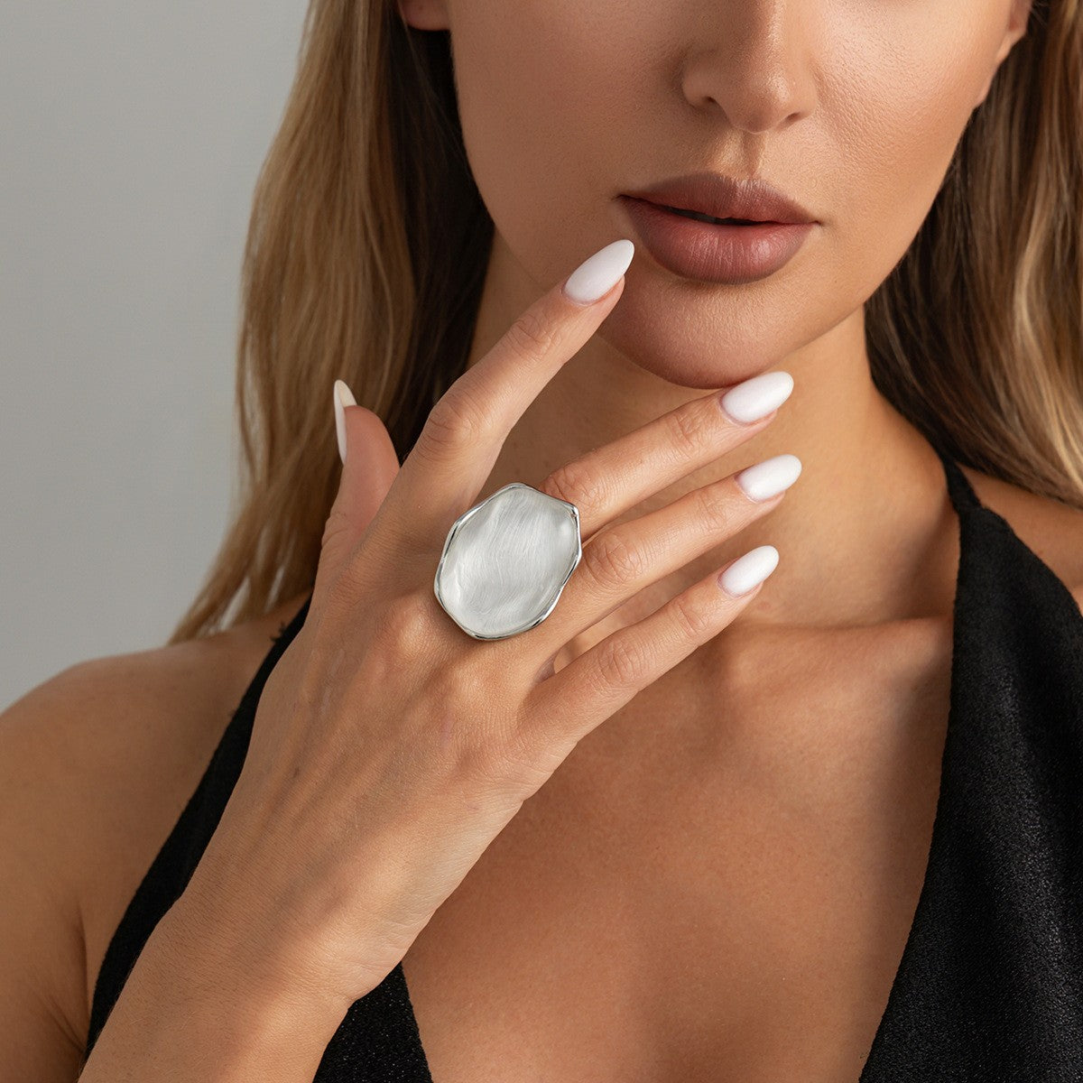 Classy Silver Ripple Stone Ring & Earring Set