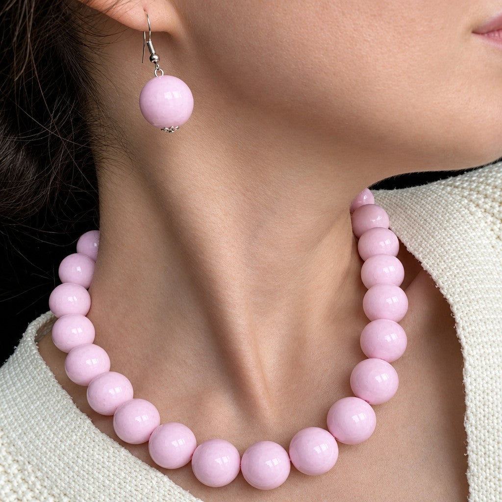 Romantic Pink Round Bead Necklace & Earring Set