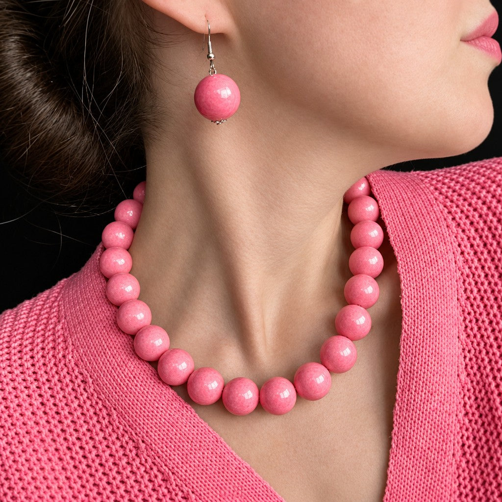 Romantic Pink Round Bead Necklace & Earring Set