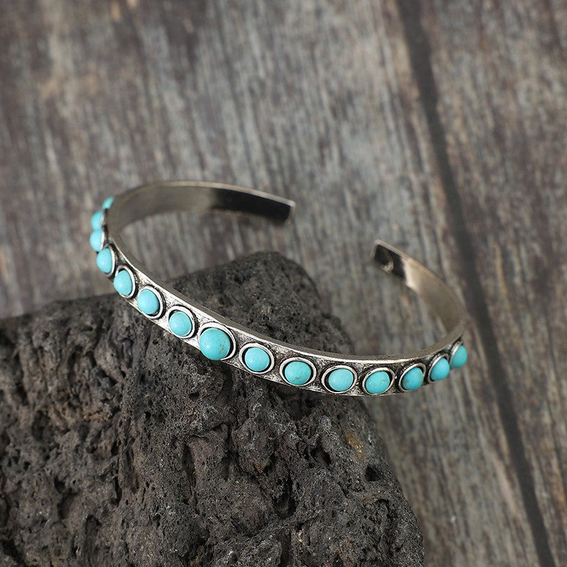 Retro Turquoise Stone Open Cuff Bracelet