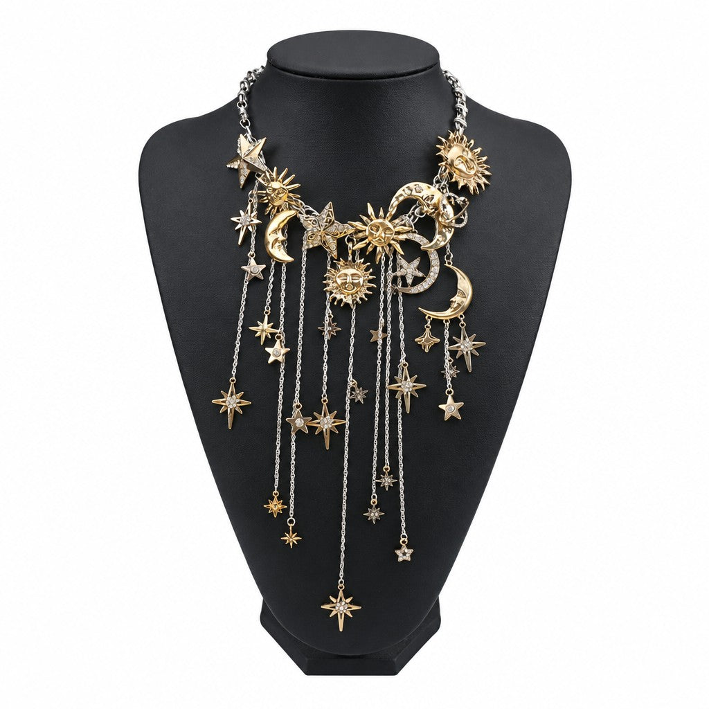 Boho Celestial Sun Moon Fringe Necklace