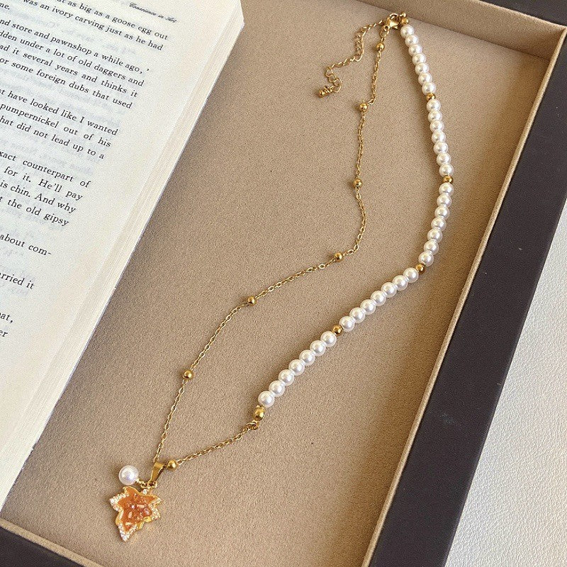 Dainty Amber Maple Leaf Pearl Necklace