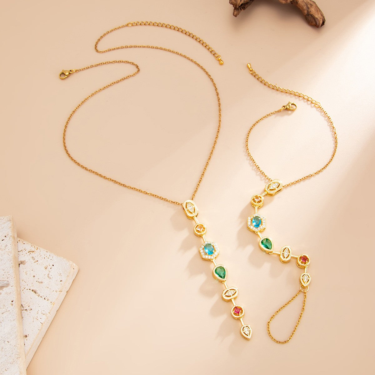 Elegant Geometric Multi-Gem Y-Necklace