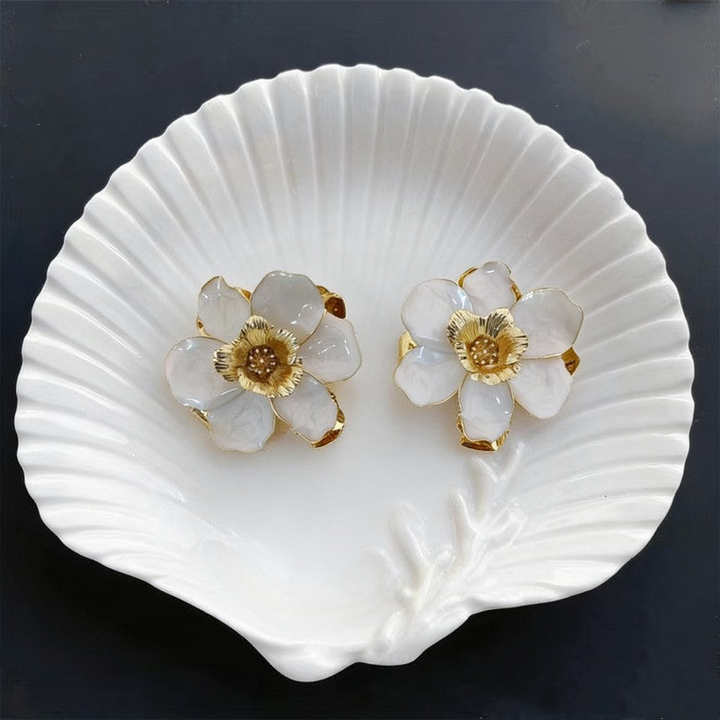 Classy White Camellia Flower Stud Earrings