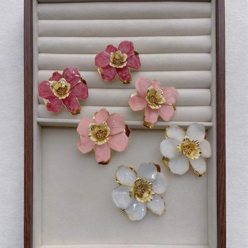 Classy White Camellia Flower Stud Earrings