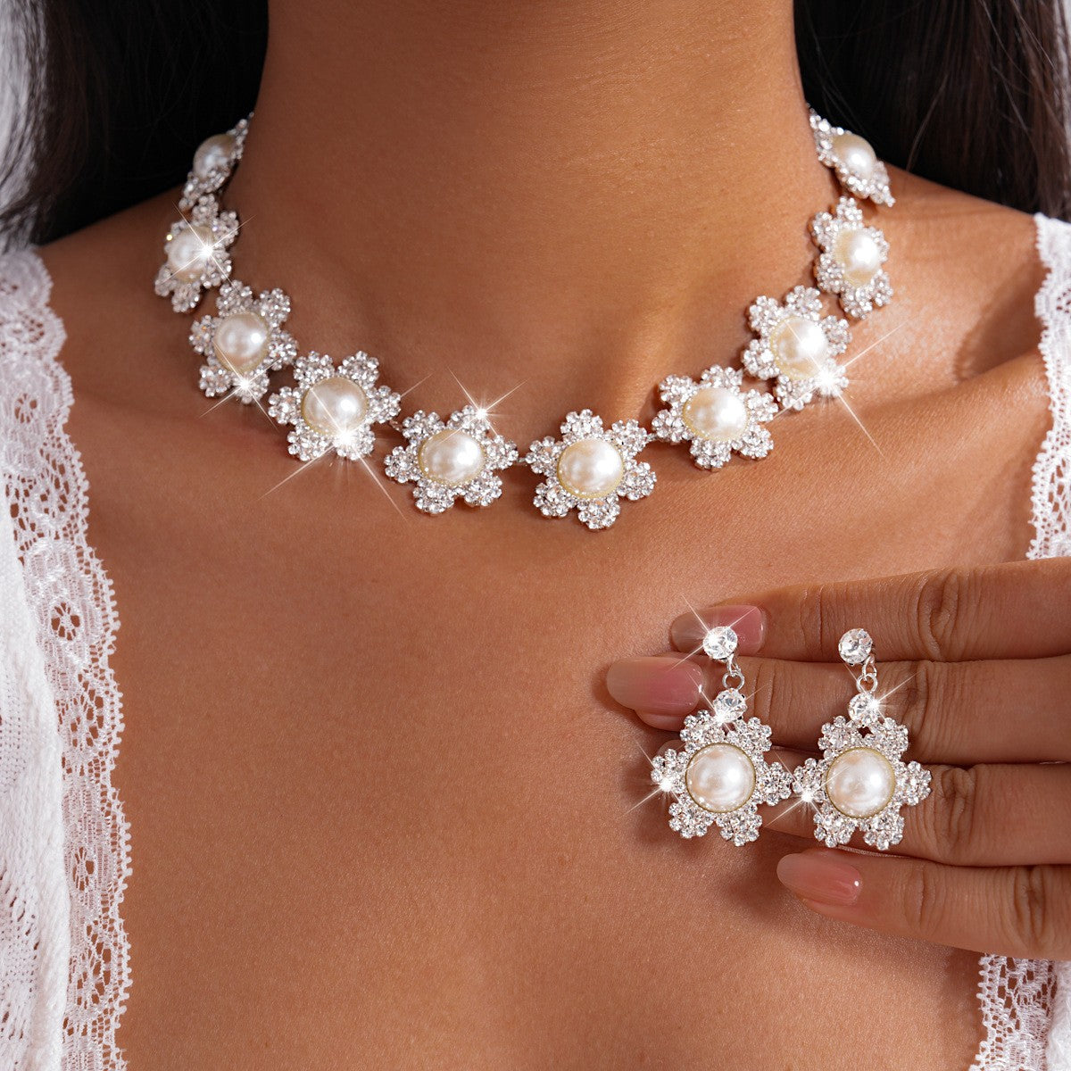 Romantic Pearl Flower Necklace & Earring Set
