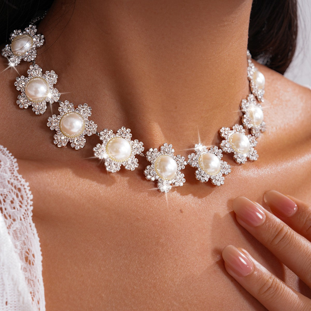 Romantic Pearl Flower Necklace & Earring Set