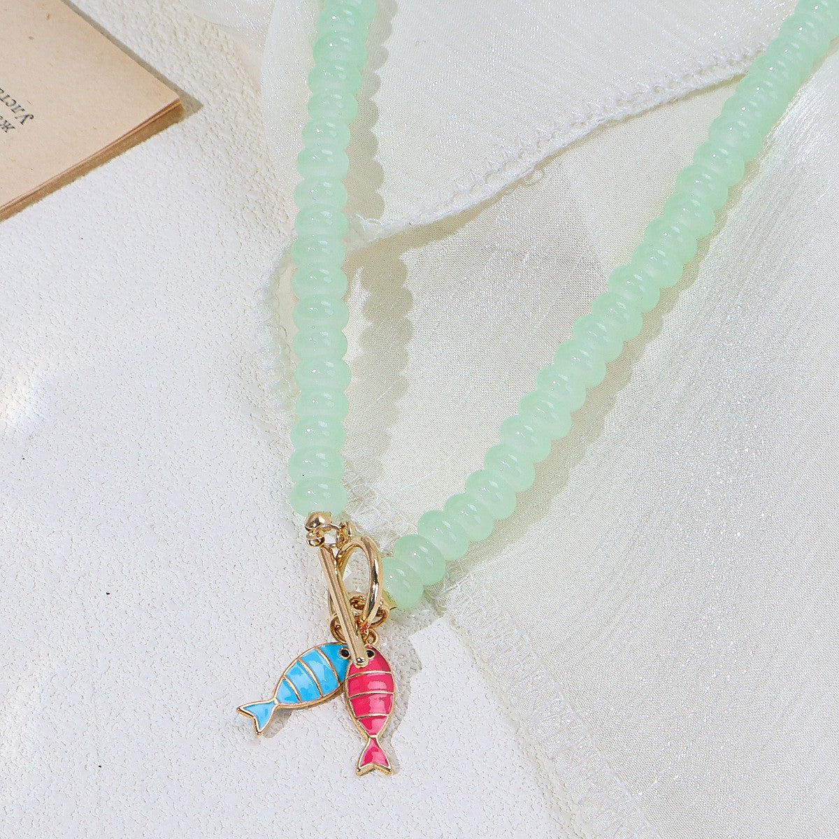 Dainty Mint Glass Bead Fish Necklace
