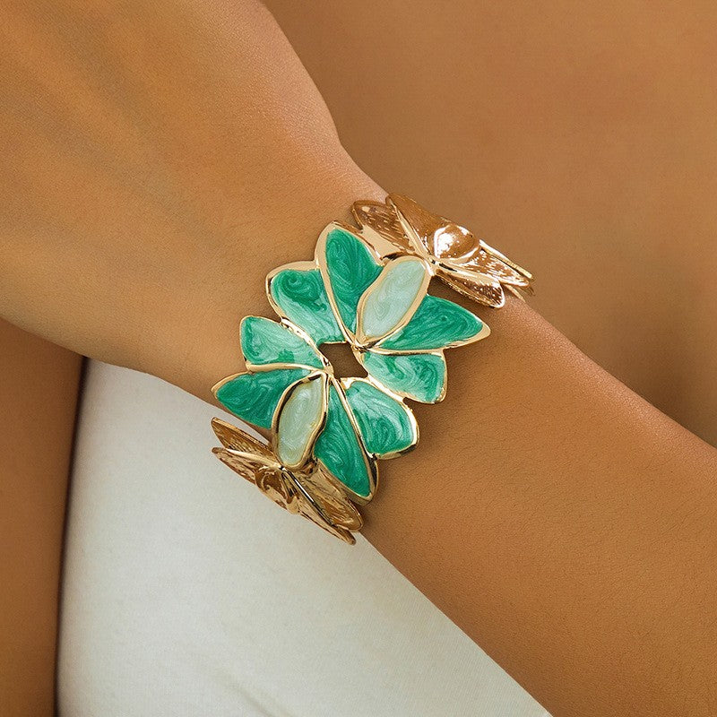 Boho Marbled Enamel Flower Cuff Bracelet