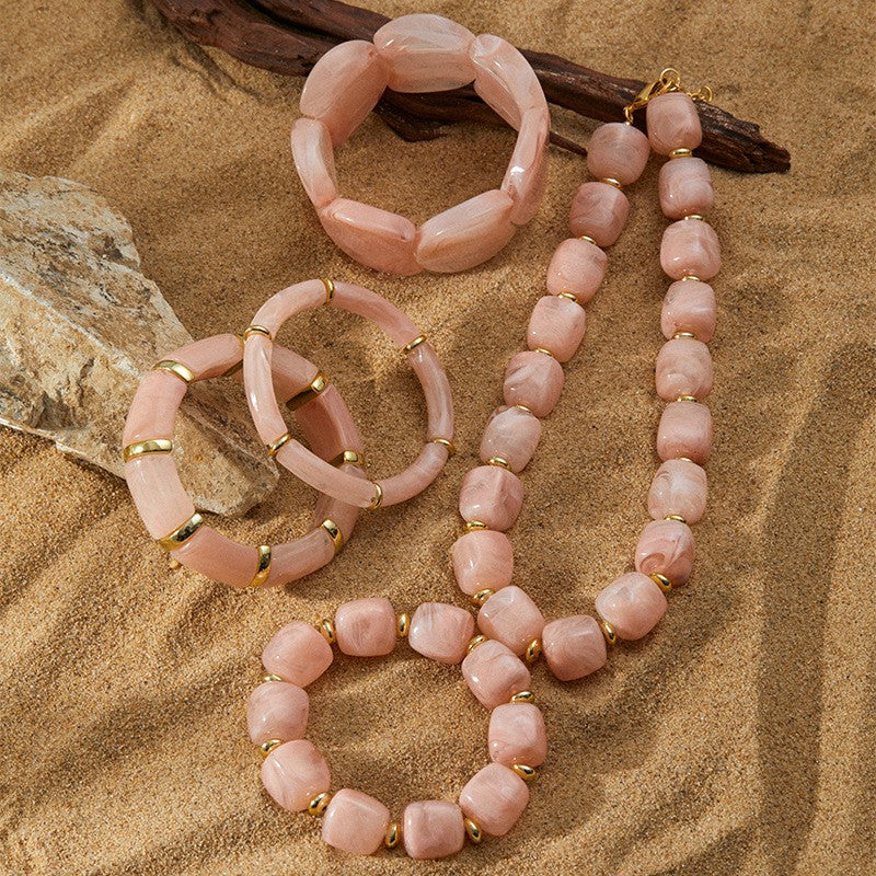 Boho Pink Acrylic Nugget Necklace & Bracelet Set