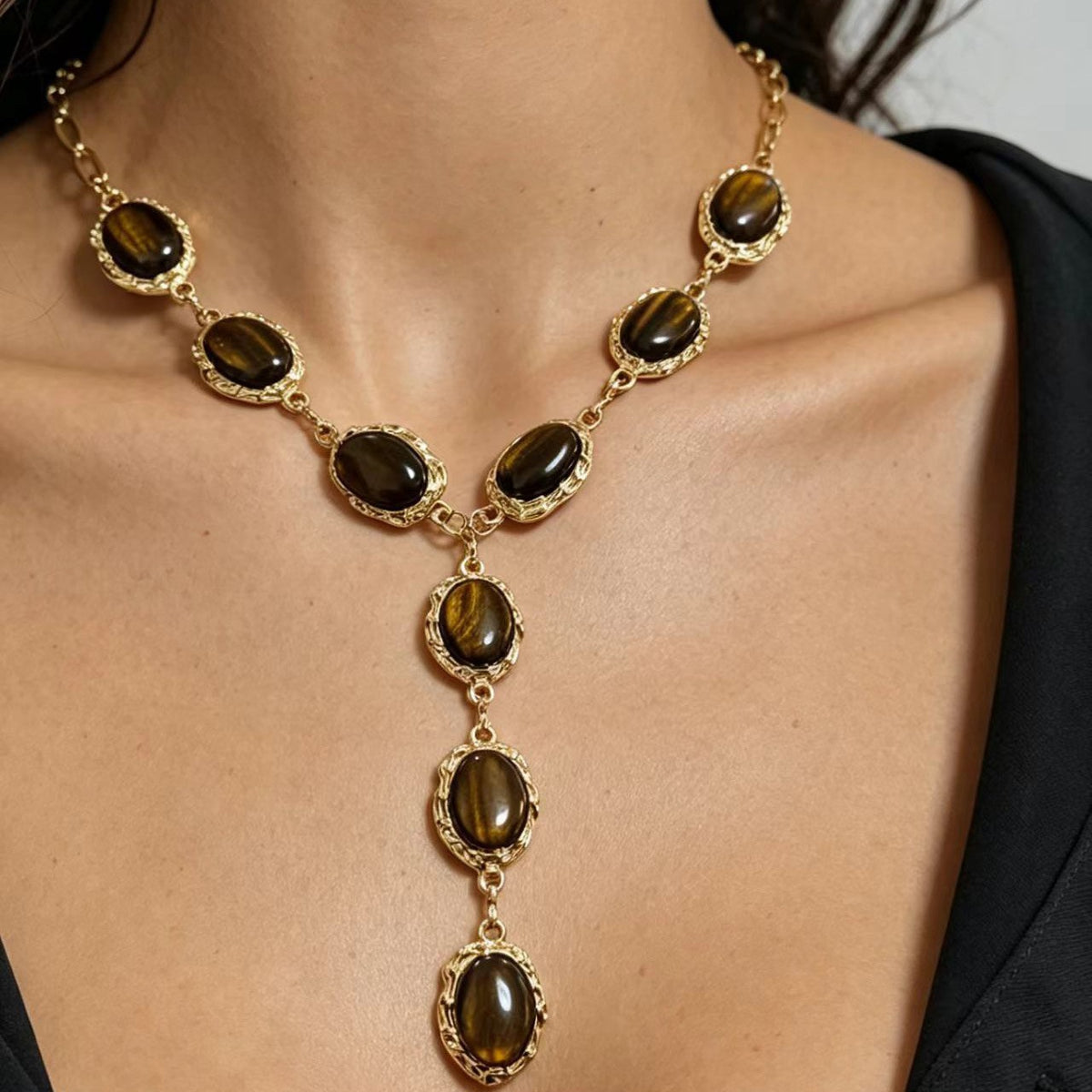 Vintage Tiger Eye Oval Y-Necklace