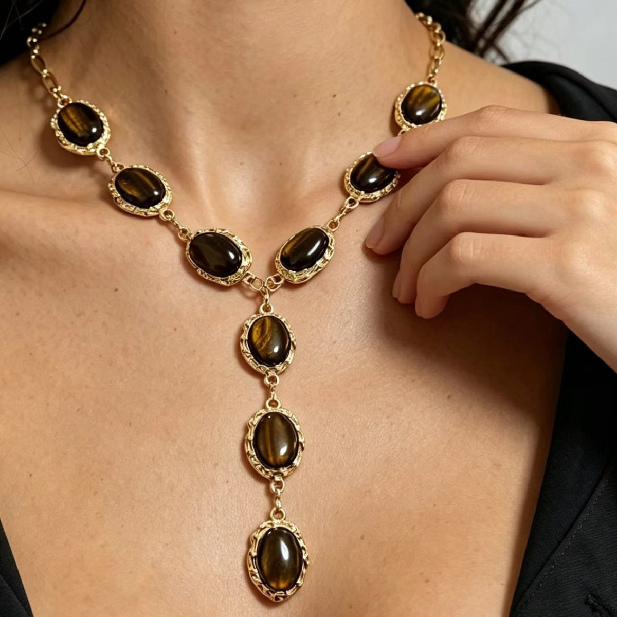 Vintage Tiger Eye Oval Y-Necklace