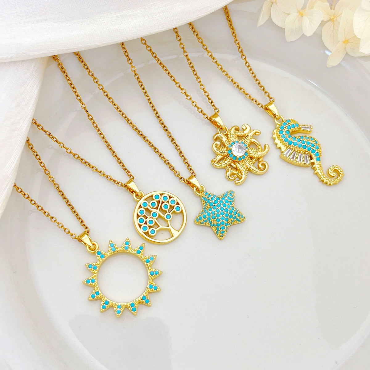Dainty Turquoise Zircon Ocean Charm Necklace