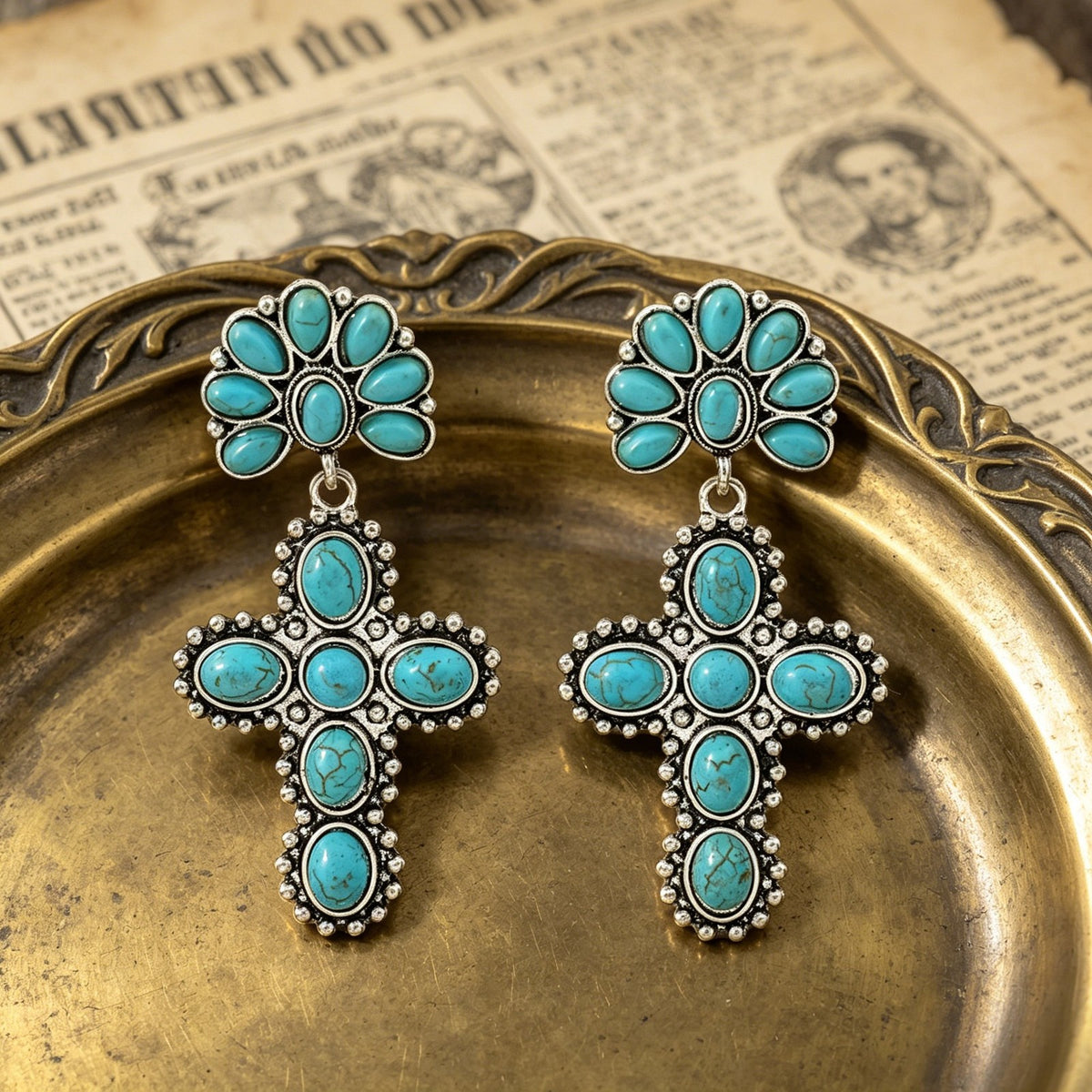Classy Vintage Turquoise Cross Earrings