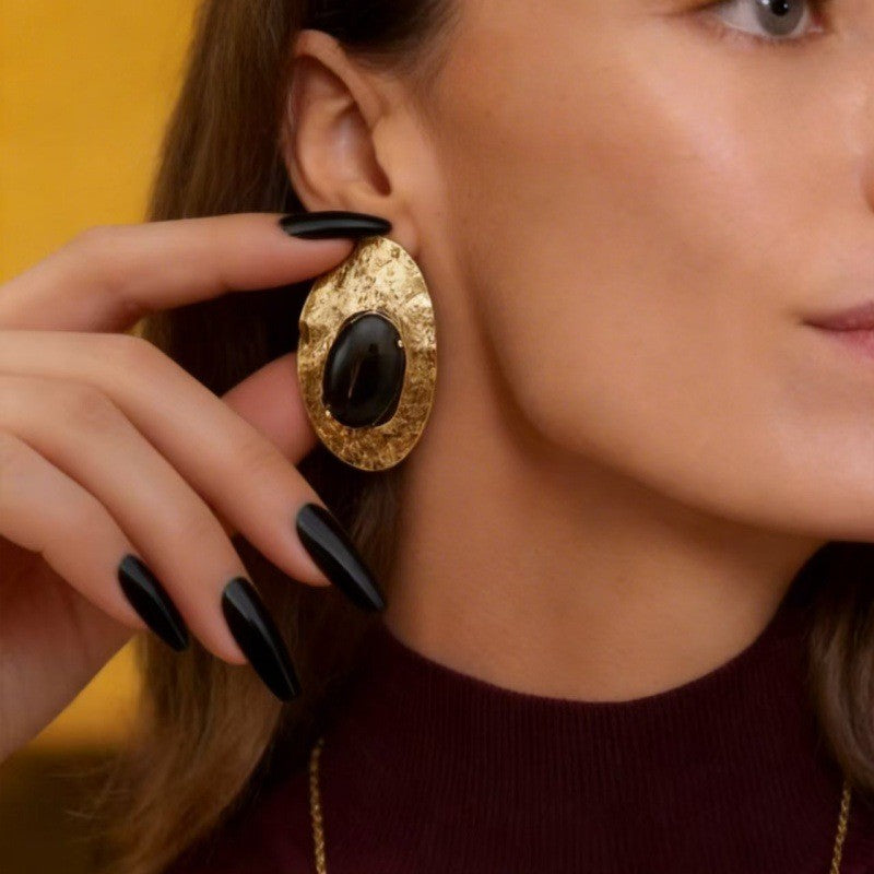 Classy Hammered Oval Black Stone Earrings