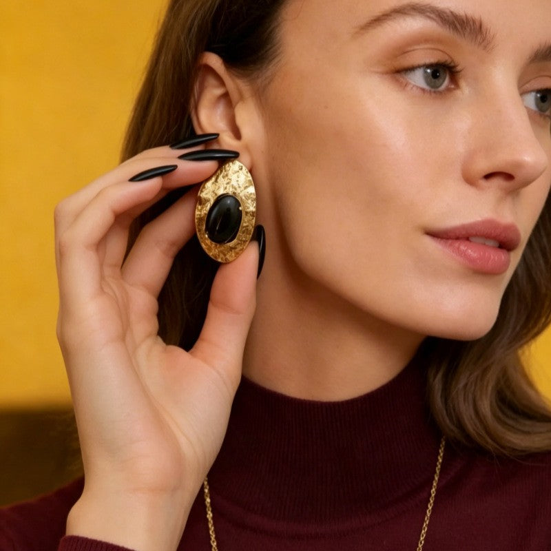 Classy Hammered Oval Black Stone Earrings