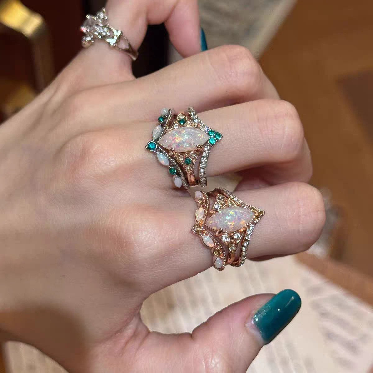 Classy Marquise Opal Rhombus Ring Set