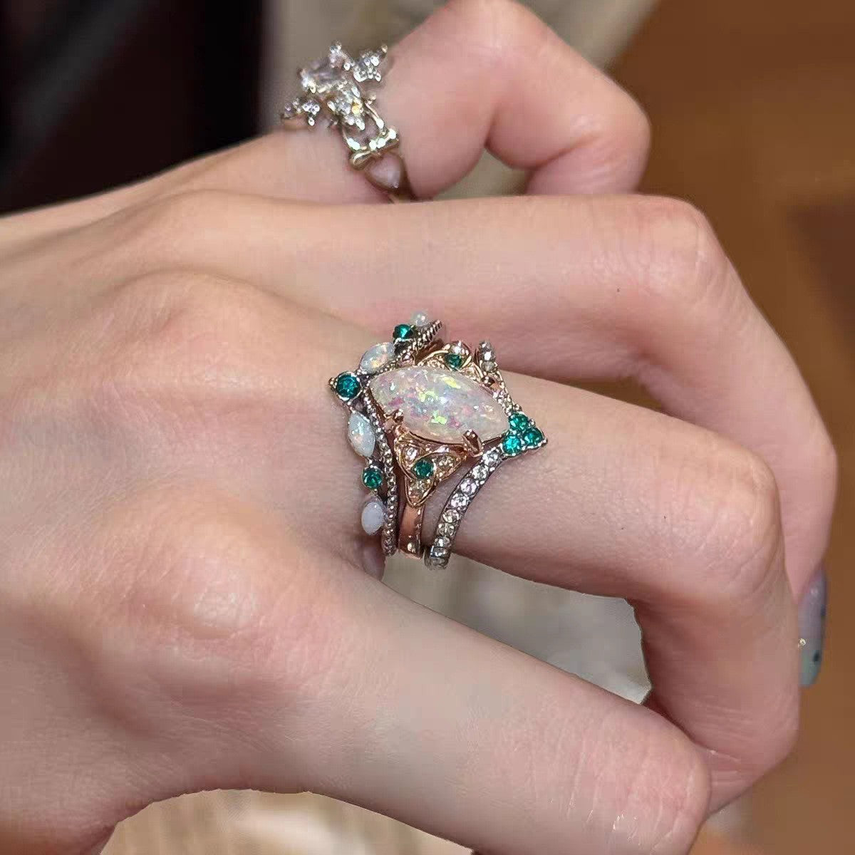Classy Marquise Opal Rhombus Ring Set