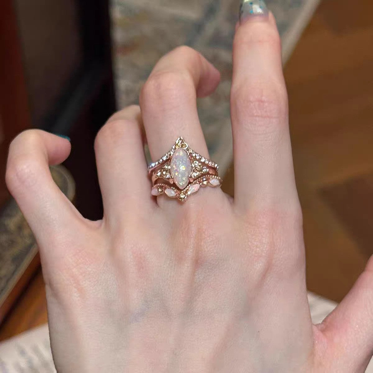 Classy Marquise Opal Rhombus Ring Set