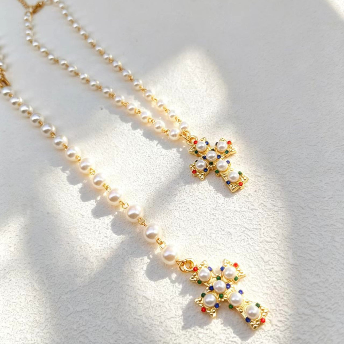 Elegant Faux Pearl & Gem Cross Y-Necklace