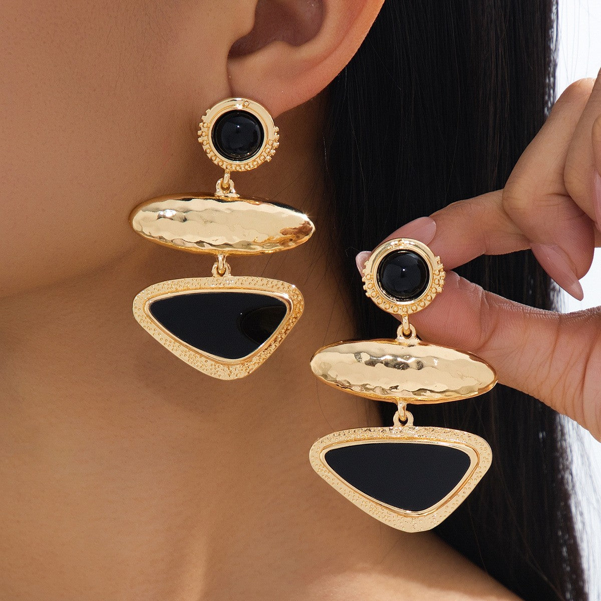 Classy Hammered Geometric Tiered Drop Earrings