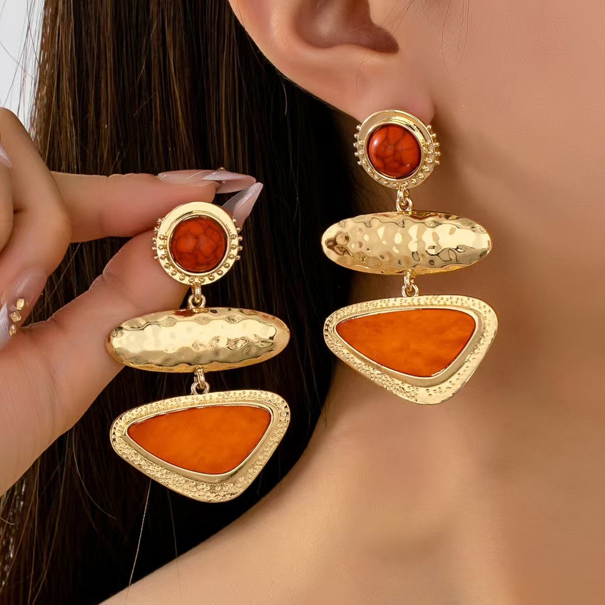 Classy Hammered Geometric Tiered Drop Earrings