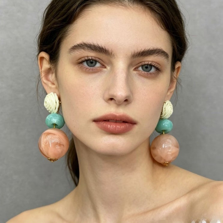 Boho Woven Bead and Resin Ball Drop Earrings