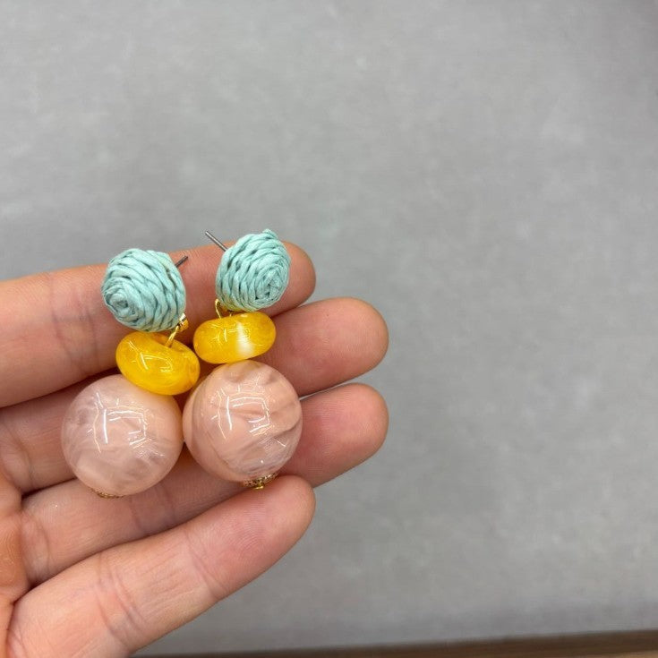 Boho Woven Bead and Resin Ball Drop Earrings