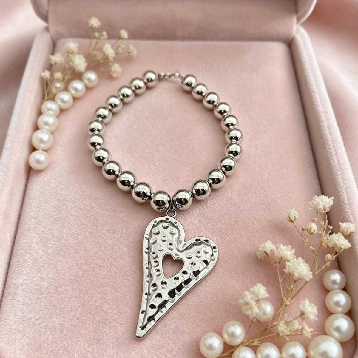 Classy Textured Heart Ball Necklace