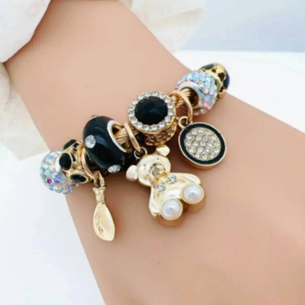 Classy Bear & Skull Charm Bangle Bracelet
