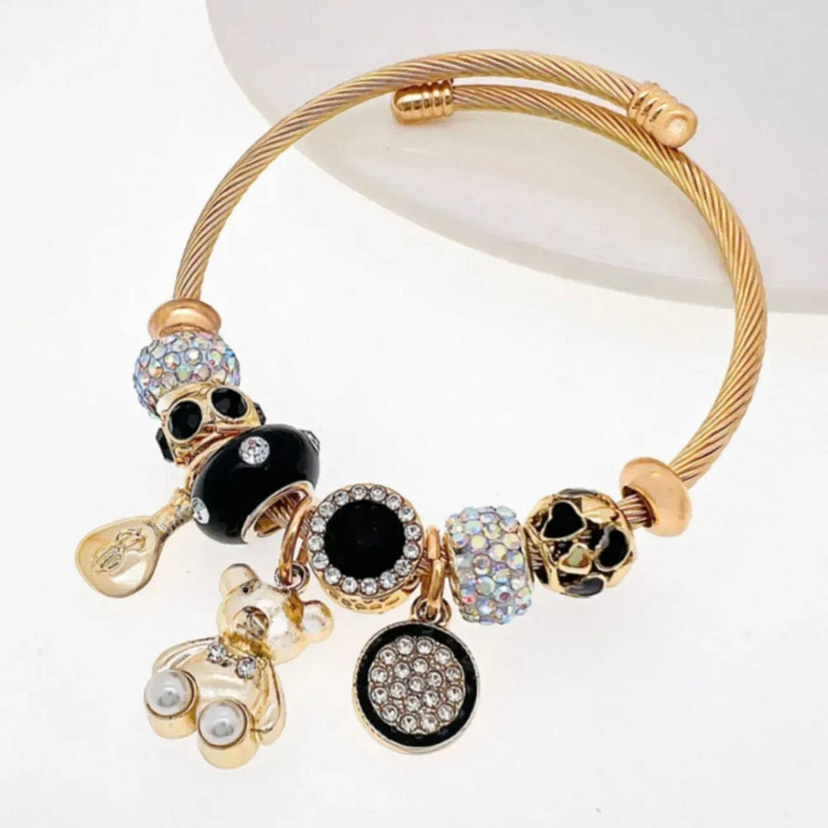 Classy Bear & Skull Charm Bangle Bracelet