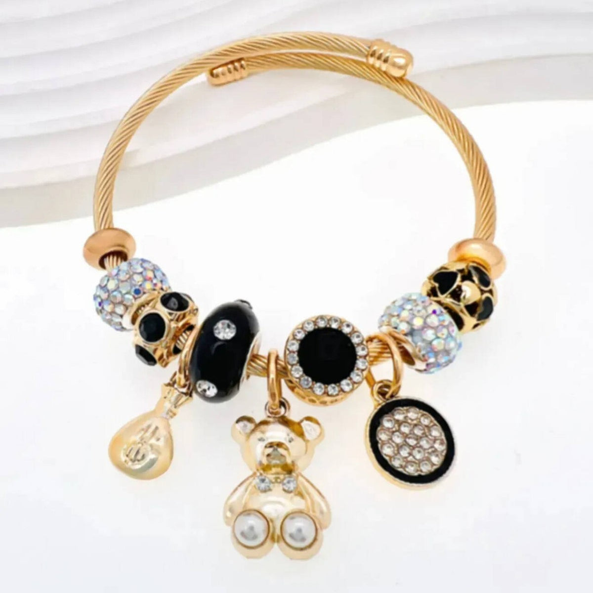 Classy Bear & Skull Charm Bangle Bracelet