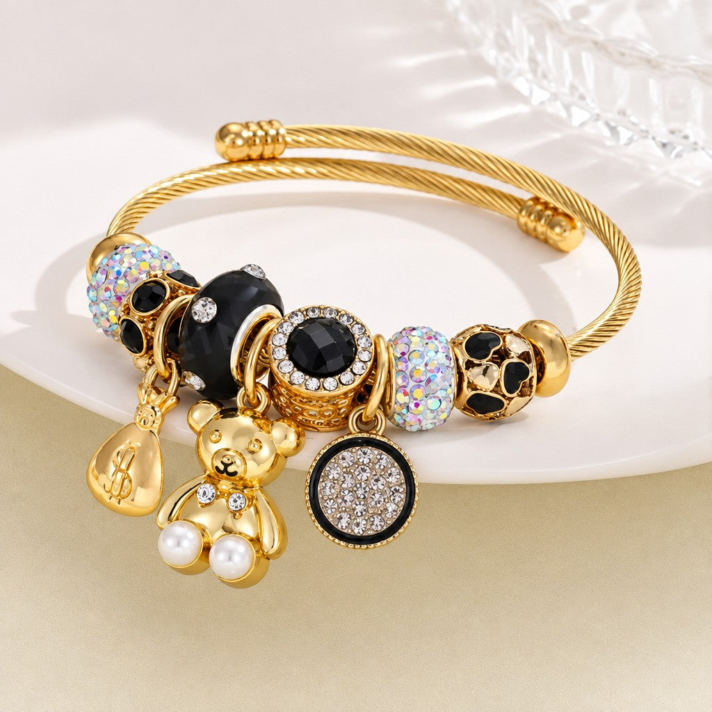 Classy Bear & Skull Charm Bangle Bracelet