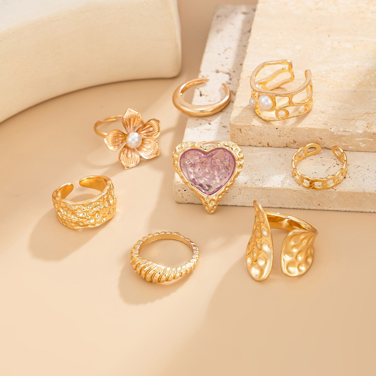 8pc Romantic Heart & Flower Ring Set