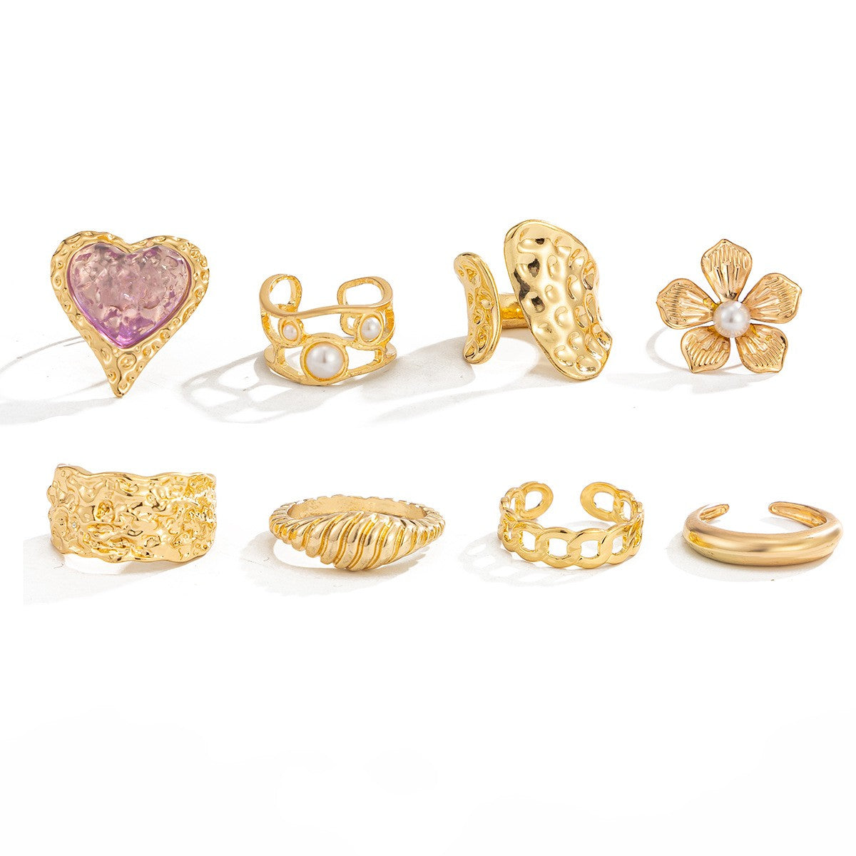 8pc Romantic Heart & Flower Ring Set