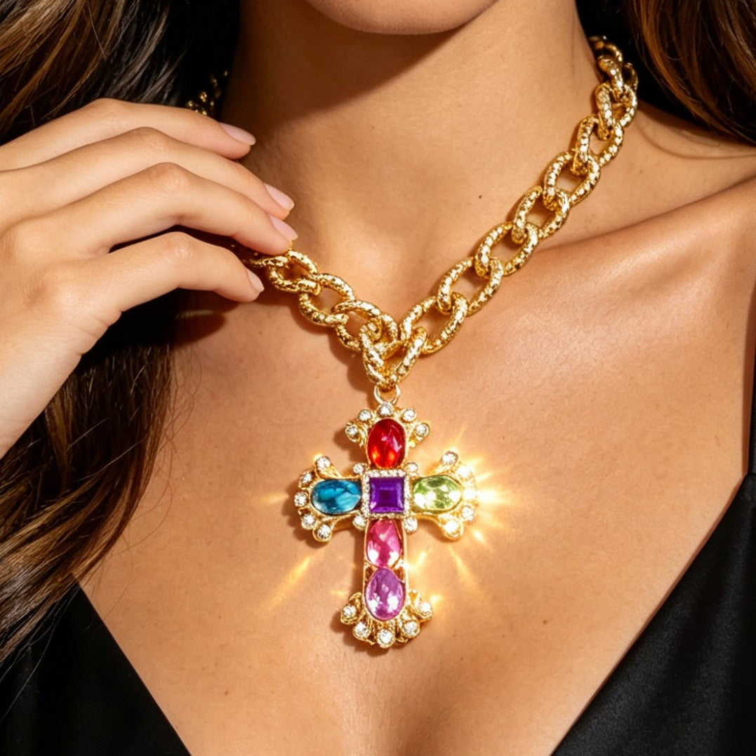 Statement Colorful Gemstone Cross Necklace