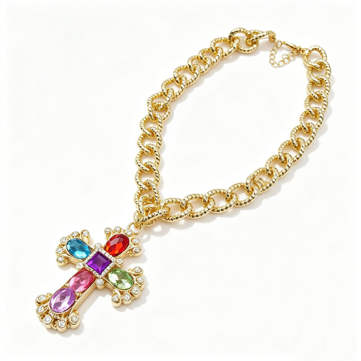 Statement Colorful Gemstone Cross Necklace
