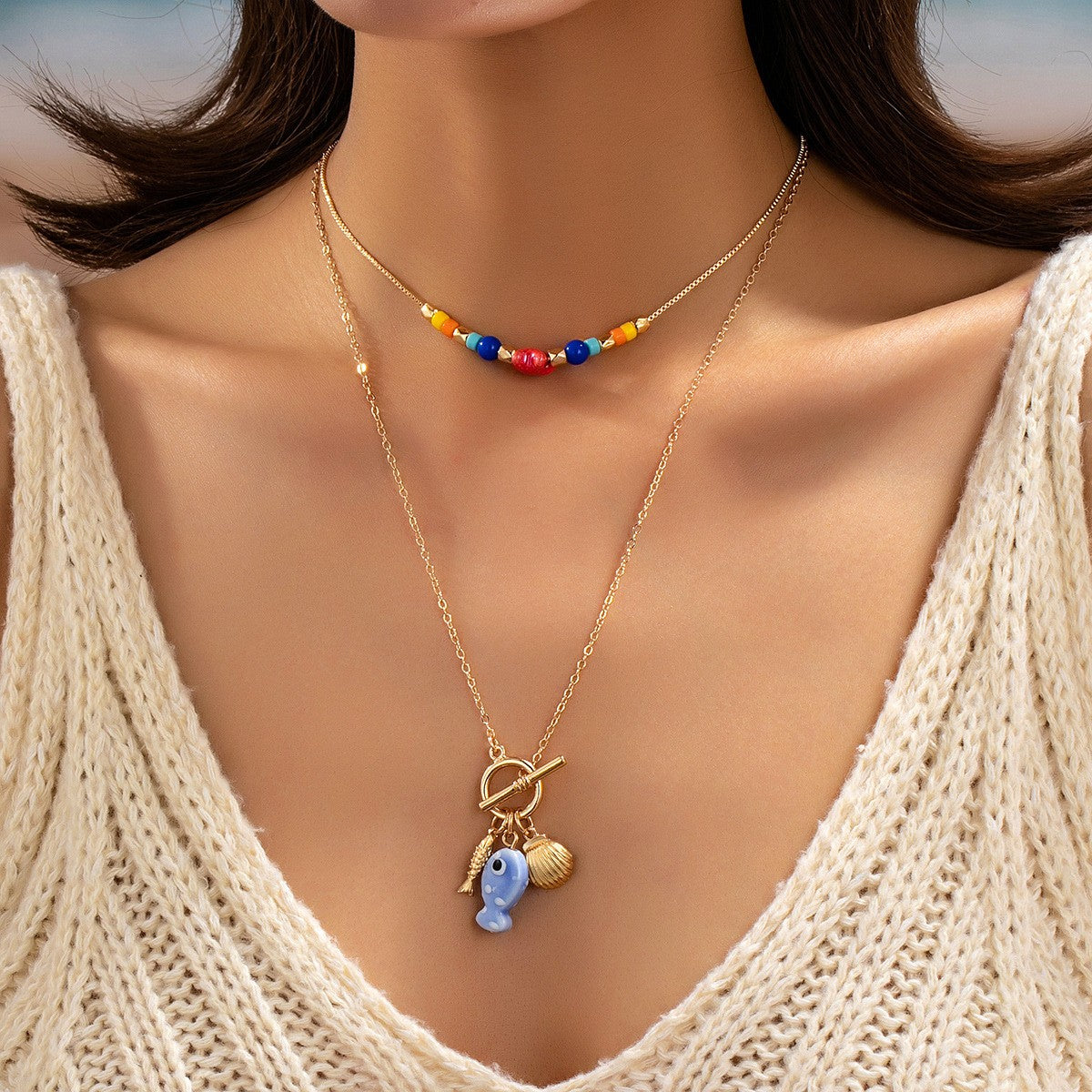 Boho Colorful Bead & Fish Charm Necklace