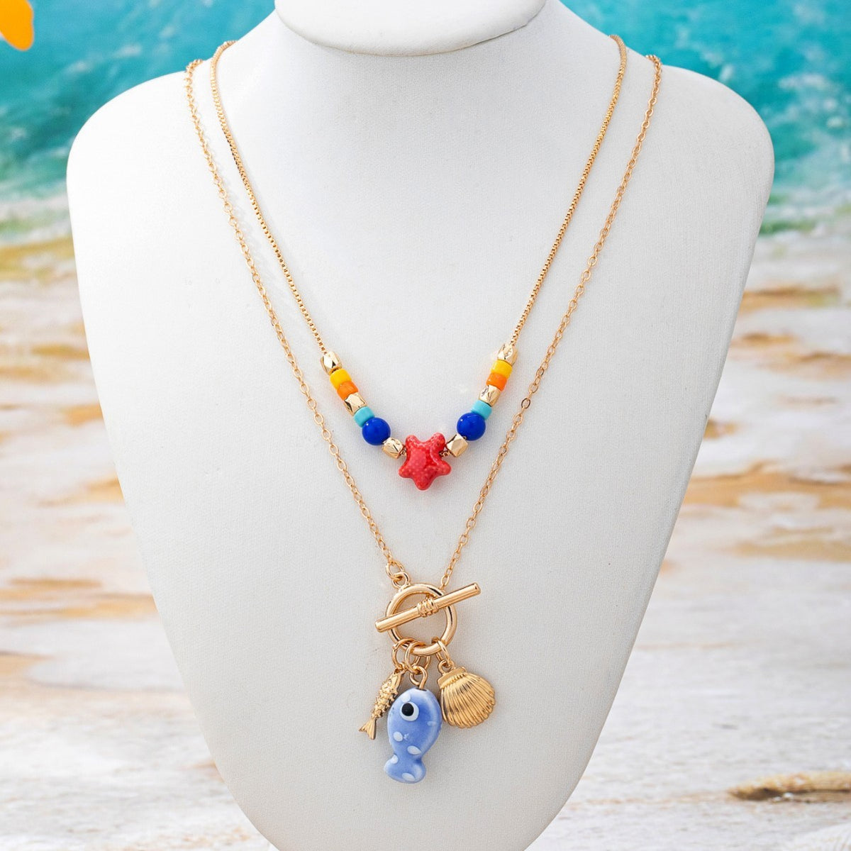 Boho Colorful Bead & Fish Charm Necklace