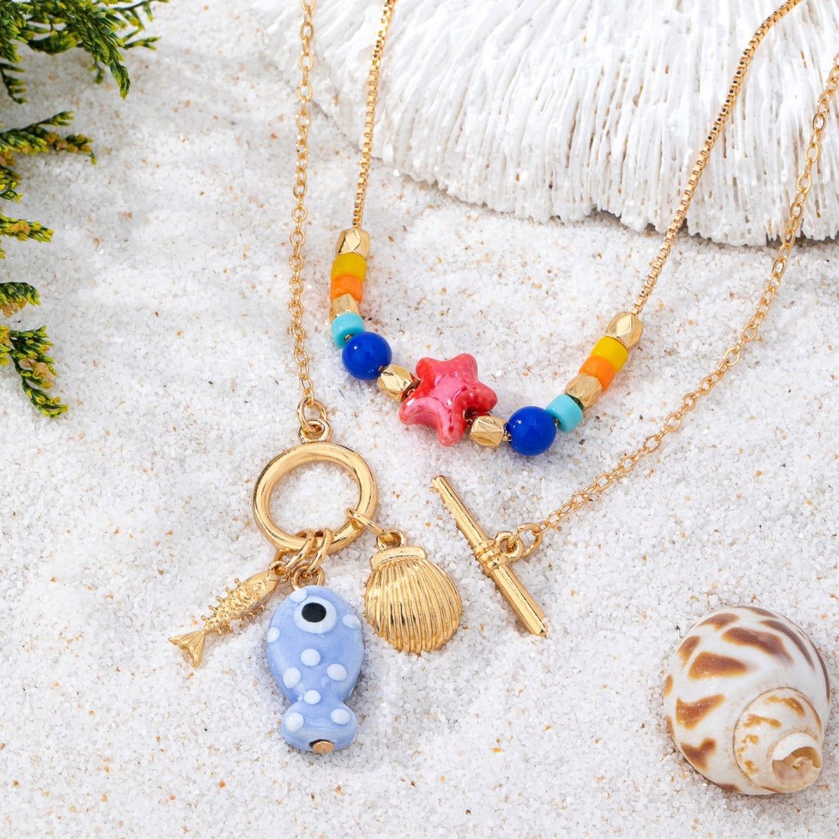 Boho Colorful Bead & Fish Charm Necklace